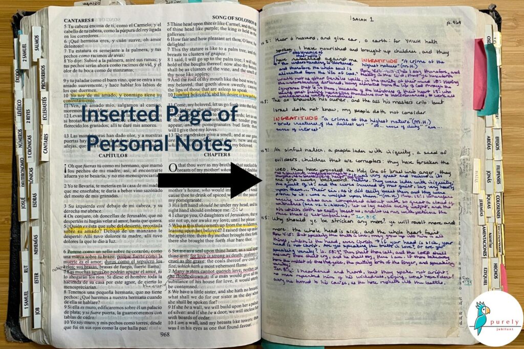 You can insert pages of notes into your Bible using tracing paper.